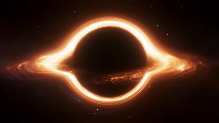 Il nucleo circolare scuro rimane centrato mentre un anello ambrato luminoso si sposta sottilmente tra i fotogrammi, con una luce orizzontale vorticosa che si estende a sinistra e a destra contro stelle rade e uno sfondo nero profondo