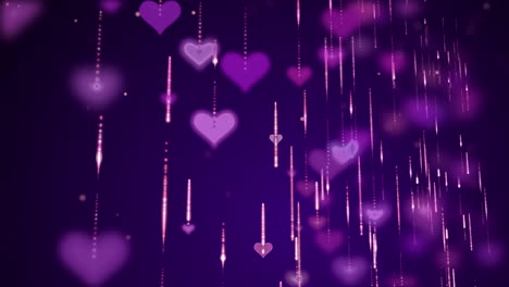 pink hearts with glitter particles fall down. blurred romantic purple background.