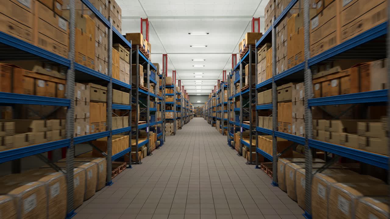 Industrial Warehouse Filled With Storage Boxes Labeled For Shipment, Distribution Center Storing Cargo For Import Export Industry
