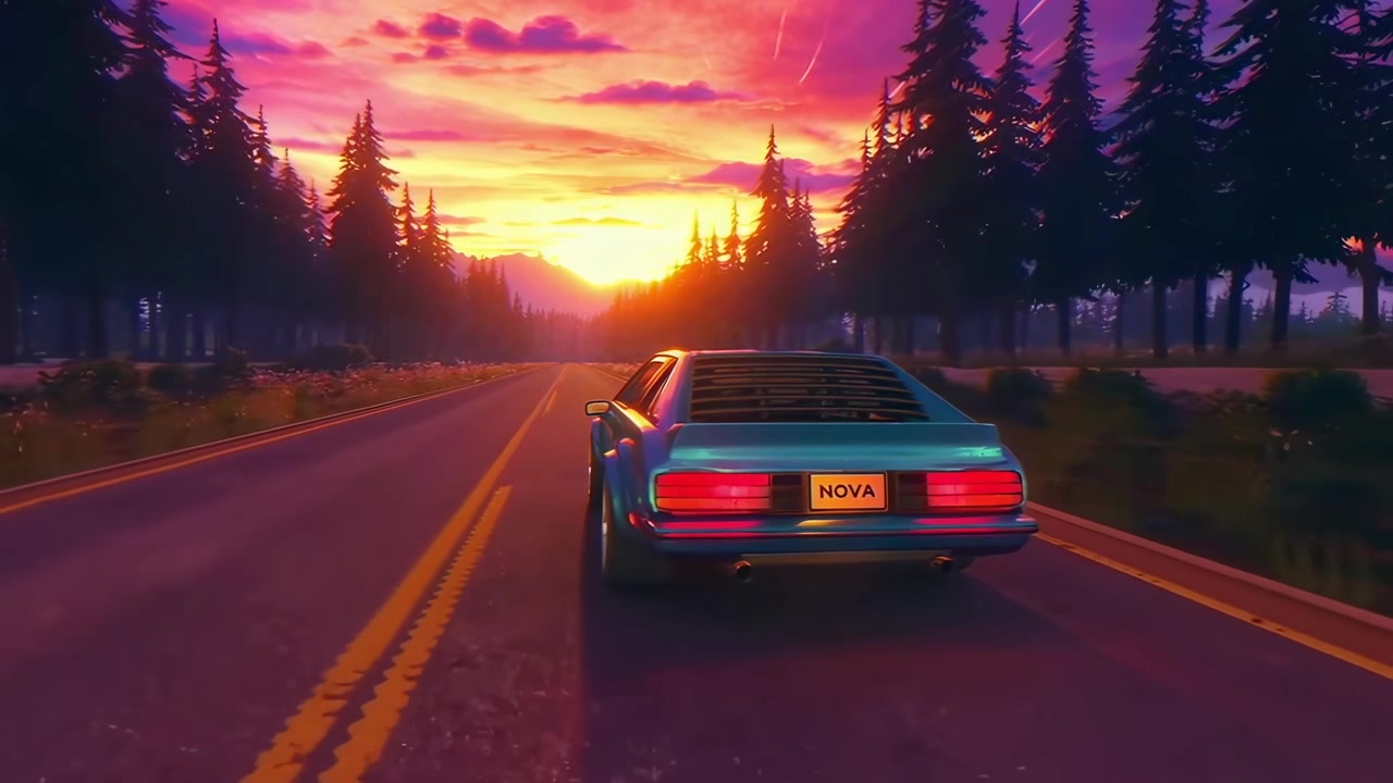 Auto sportiva d'epoca che percorre una strada panoramica al tramonto