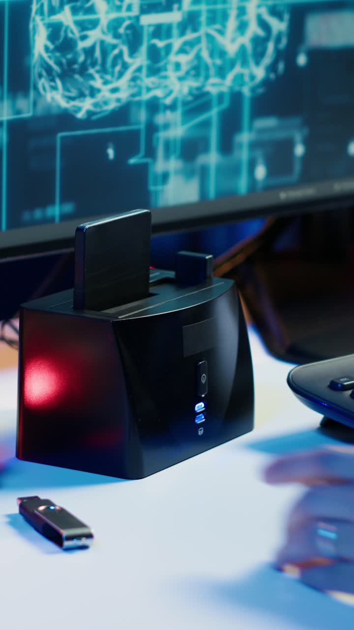 Vertical video Hacker uploading script on SSD that can launch DDoS attacks on any website