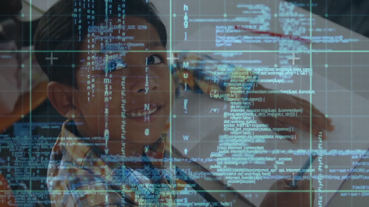 Girl coding at desk, holding phone with floating code and gridlines emphasizing technology
