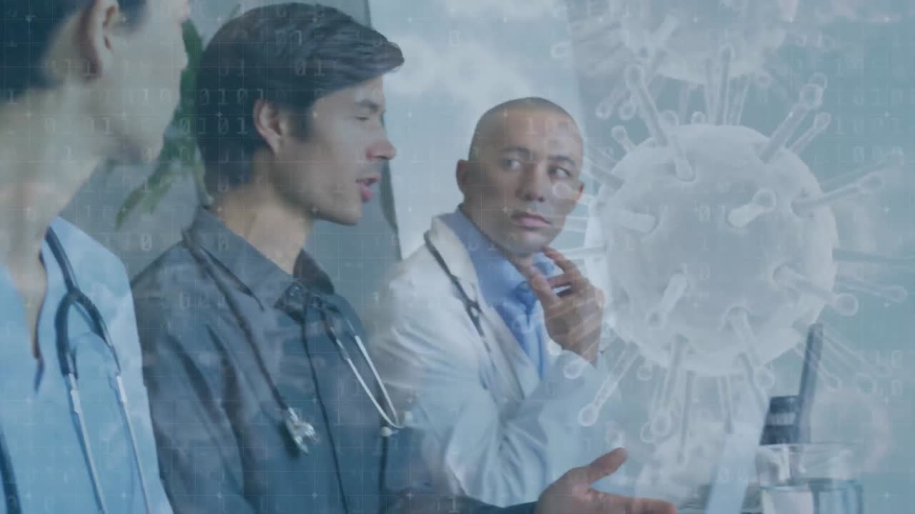 코로나19 세포가 의사들의 팀을 상대로 움직이고 있습니다.