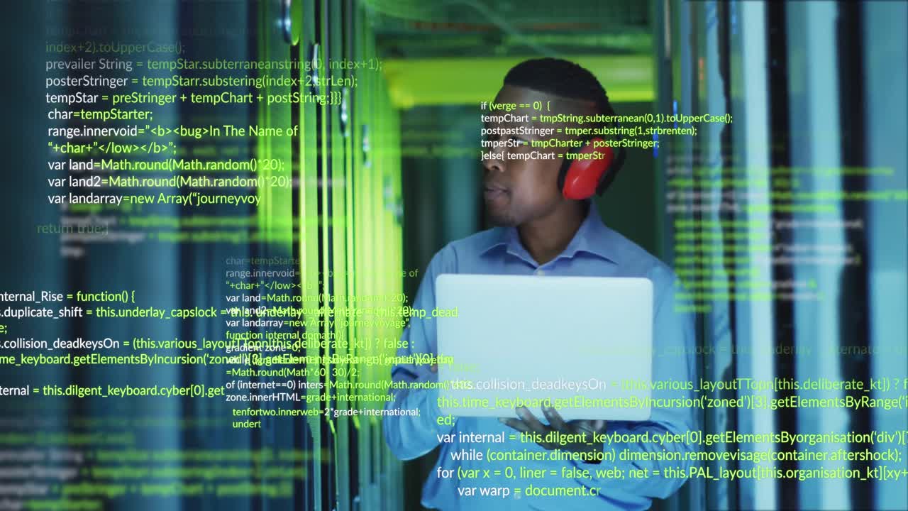 Animation of data processing over african american male engineer using laptop at server room