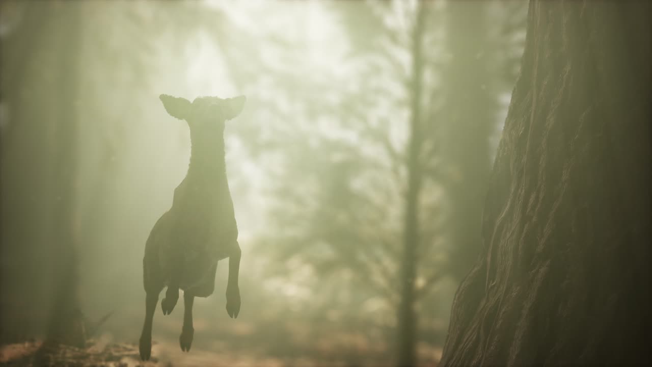 экстремальный медленный прыжок оленя в сосновом лесу