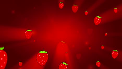 la fresa vívida y jugosa se mueve suavemente desde el brillo brillante girando sobre el fondo rojo. animación sin costuras en 3d.