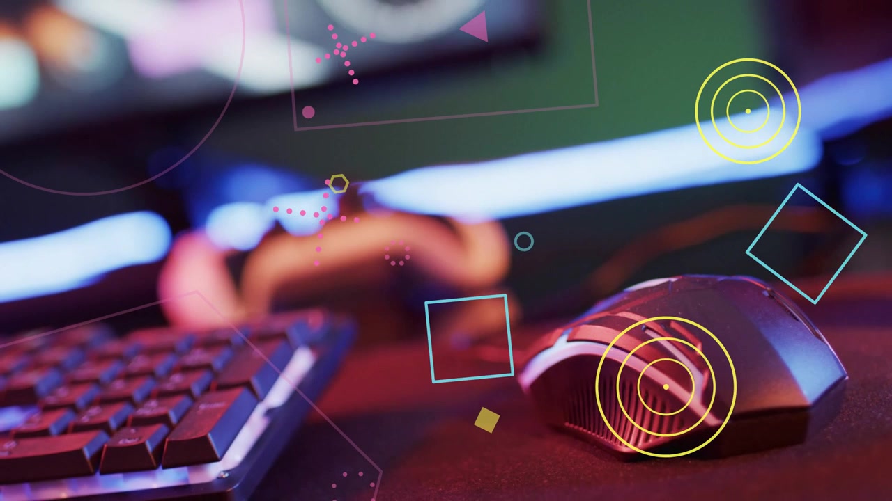 LED strip pulsing, HUD graphics forming and orbiting mouse, highlighting gaming controls