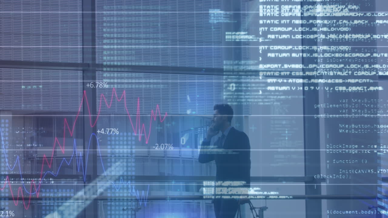 Animation of financial data processing over biracial businessman using smartphone