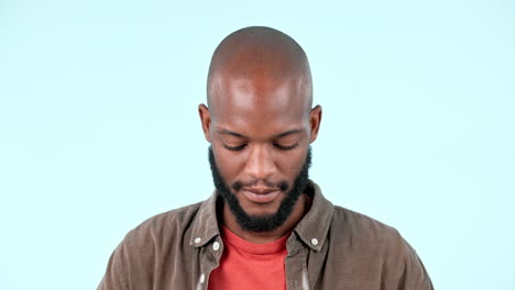 vision, glasses and face of black man in a studio