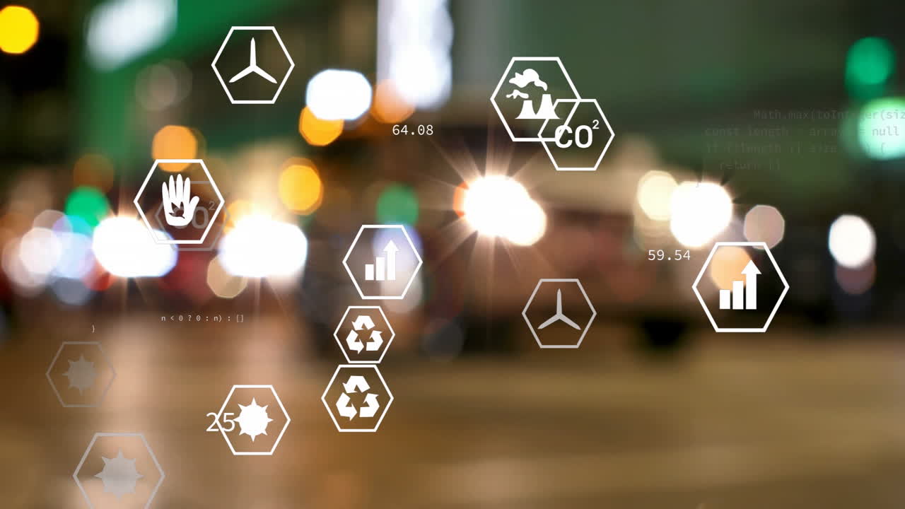White hexagonal icons floating over blurred street showing wind turbines, CO2, recycling metrics