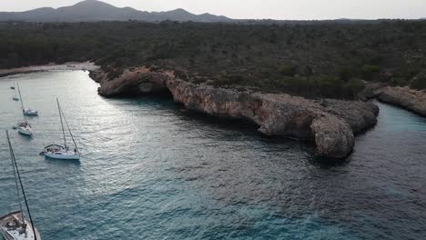 Aerial-drone-view-of-Cala-Varques-beach-in-Mallorca,-Spain