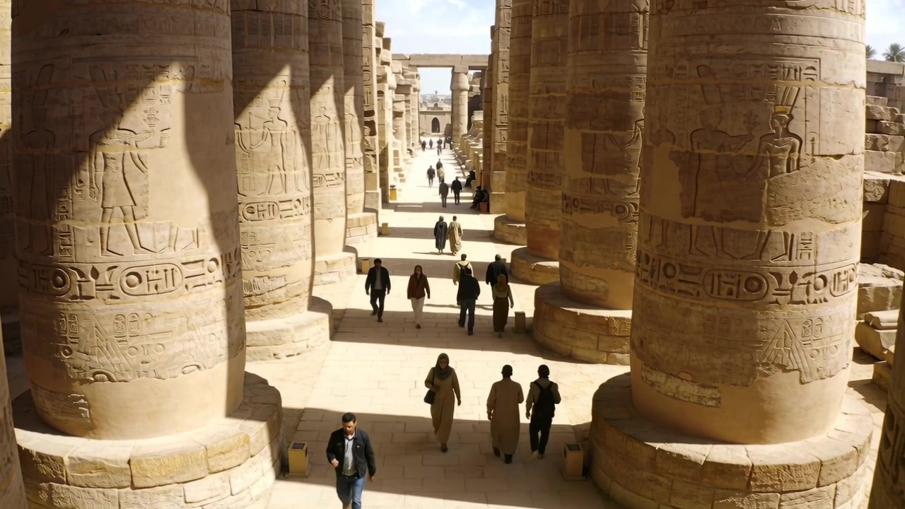 Turisti che camminano entrano in un arco e si muovono lungo un colonnato di tempio scolpito, visitando in tuniche