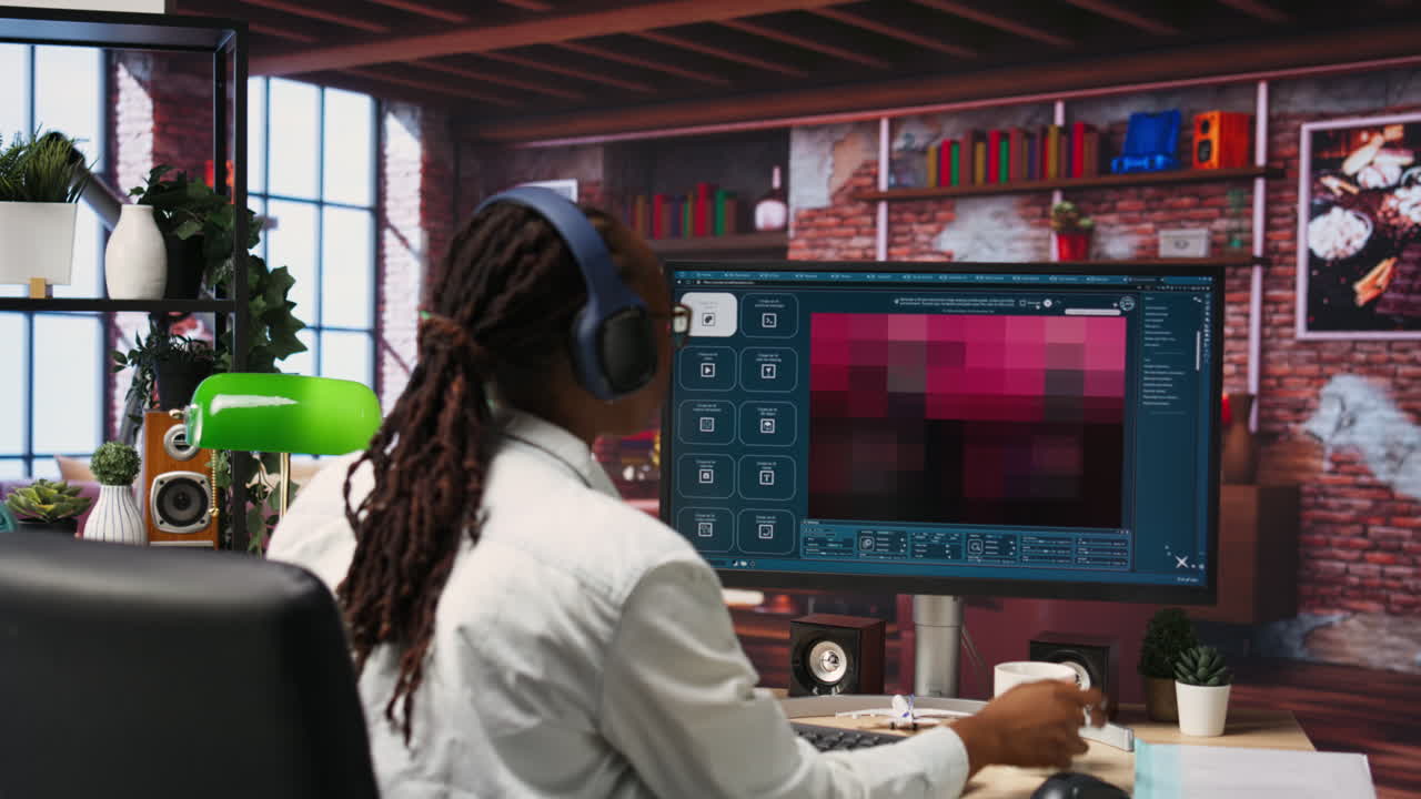 mujer en casa usando software de ia convirtiendo el mensaje de texto en fotos, bebiendo café