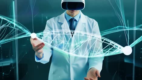 a scientist wearing vr glasses interacts with a 3d model of dna