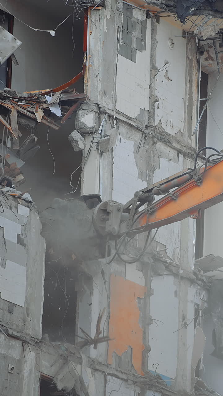 Destroying dangerous natural disaster. Earthquake disaster building distruction. Vertical video