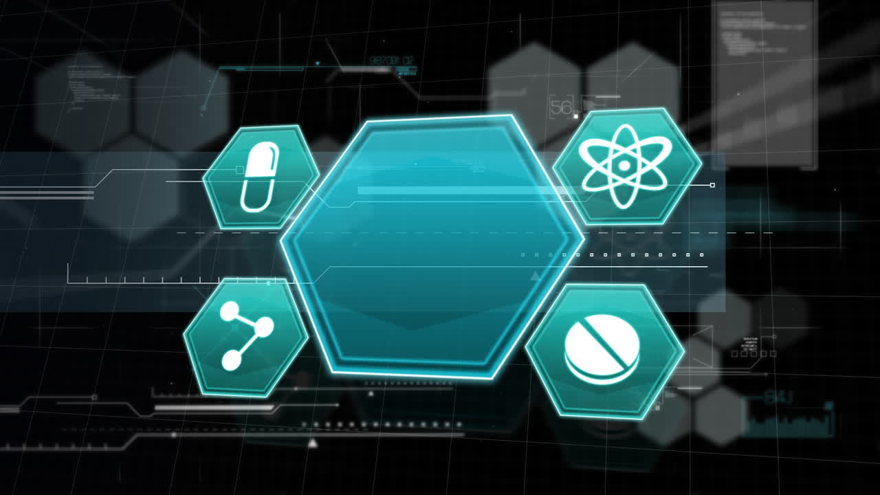 animazione di elaborazione dei dati e icone mediche su sfondo nero
