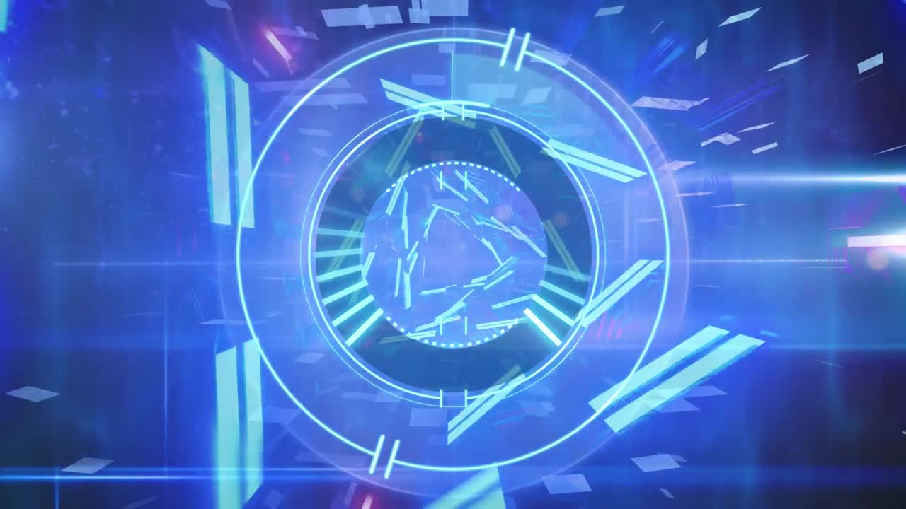 스 ⁇ 프 스캐닝과 파란색 배경에 회전하는 반 ⁇ 이는 삼각형의 애니메이션