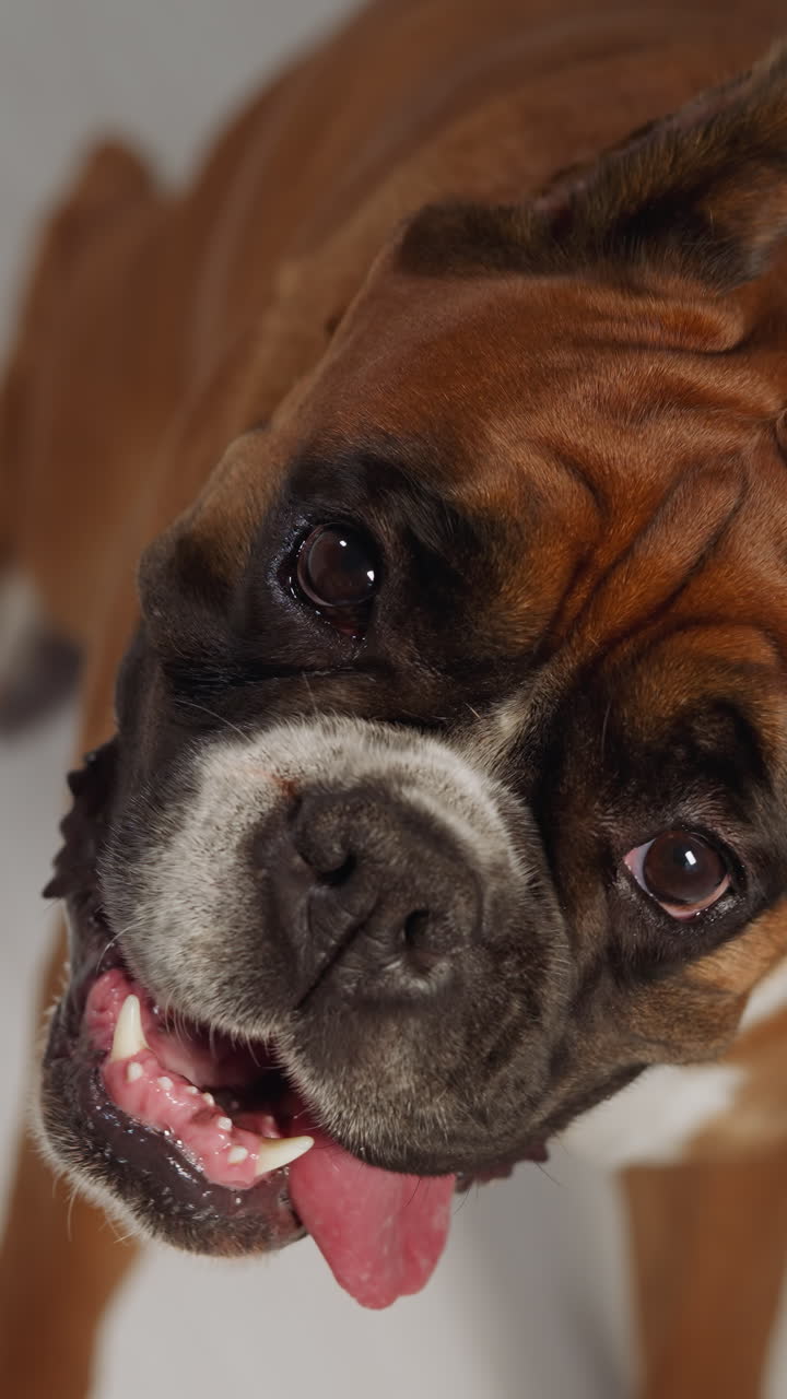 Hungry brown doggy sticks tongue out looking up at owner. Cute domestic animal waits for food sitting on white wooden floor in kitchen closeup