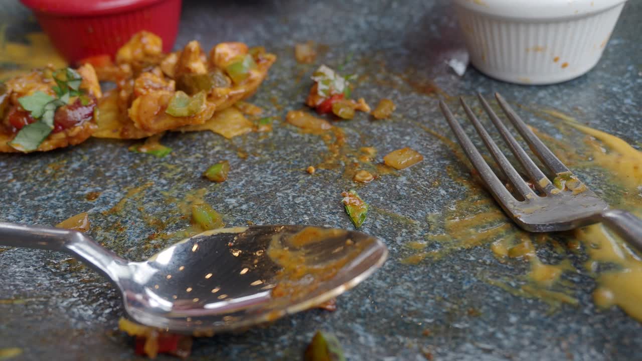 Empty Dirty Plate with Leftover Food and Utensils
