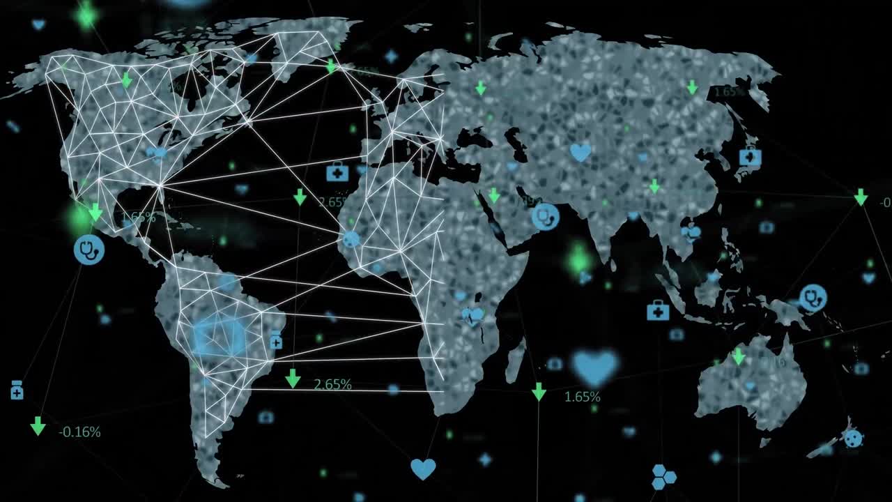 animación de la red de iconos y procesamiento de datos sobre el mapa del mundo.