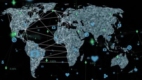 Animación-De-La-Red-De-Iconos-Y-Procesamiento-De-Datos-Sobre-El-Mapa-Mundial