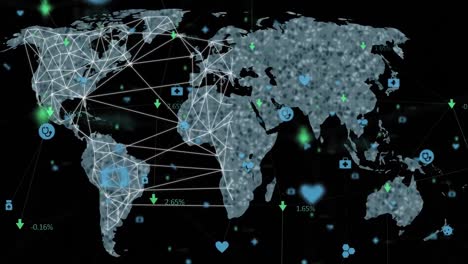 animation of network of icons and data processing over world map
