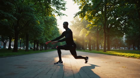 athlete stretching and exercising in a park at golden hour