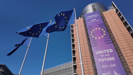 slow-motion eu flags waving at berlaymont building in brussels