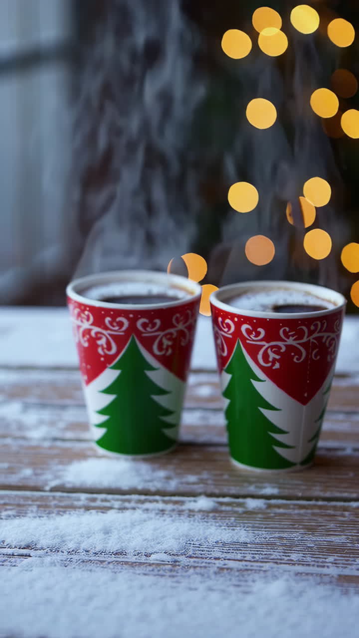 Christmas hot drinks on a snowy table