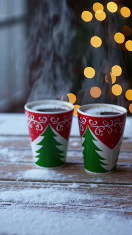 christmas hot drinks on a snowy table