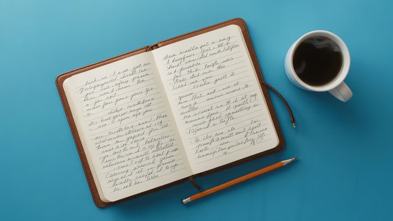 Camera zooming focusing cursive writing on tabletop with notebook, pencil and coffee mug for focus