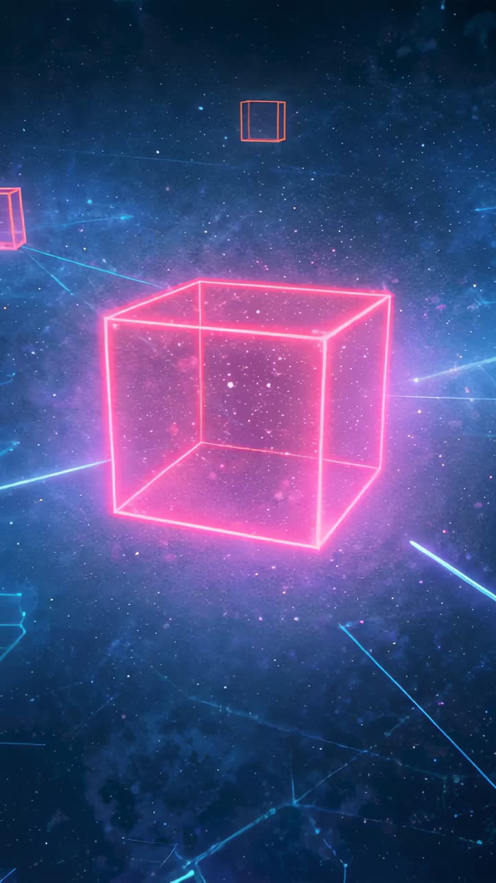Vertical video: Emerging neon pink cube in space activating blue lasers rotating fading orange cube