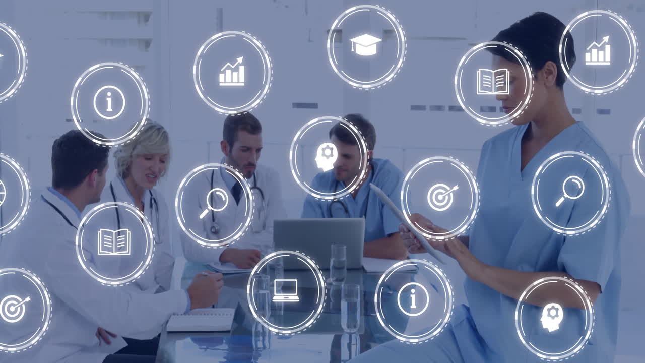 animación de iconos digitales y procesamiento de datos sobre diversas personas de negocios en la oficina