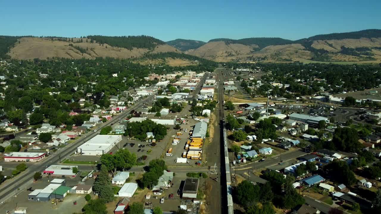 US, Oregon, La Grande, 2025-08-11 - Drone view of the Eagle Cap Excursion Train station