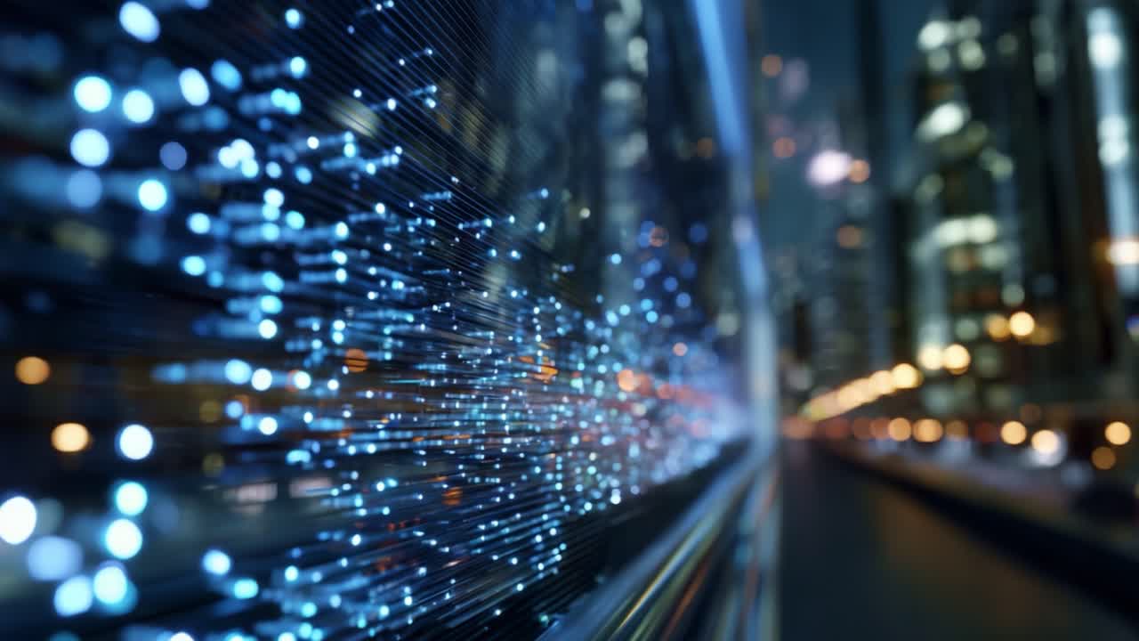 Dynamic Abstract Futuristic Scene with Glowing Blue Particles in Motion, Converging Towards a Cityscape, Merging Technology and Urban Life at Night