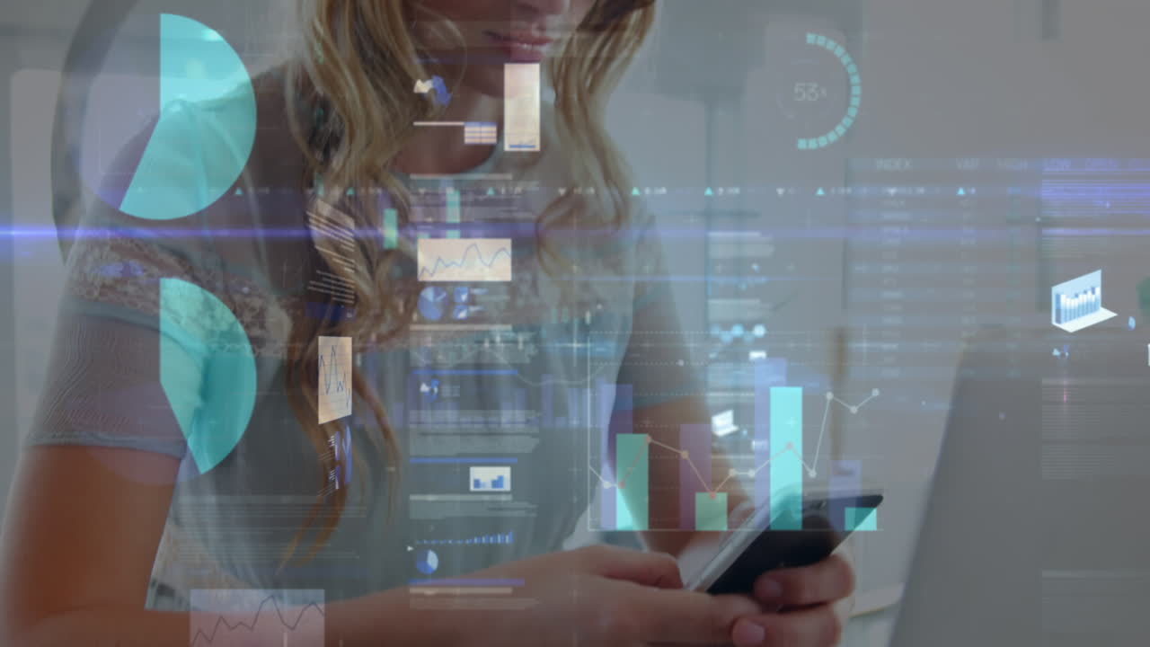 animación de estadísticas y procesamiento de datos sobre mujeres que usan teléfonos inteligentes