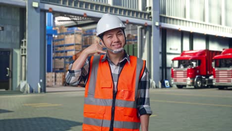 asian male engineer with safety helmet smiling to camera and making call me gesture while standing , outside of logistics distributions warehouse