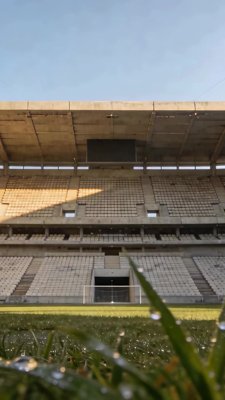 Vertical video: Pulling camera back revealing dewy grass blades glinting on stadium pitch with goal