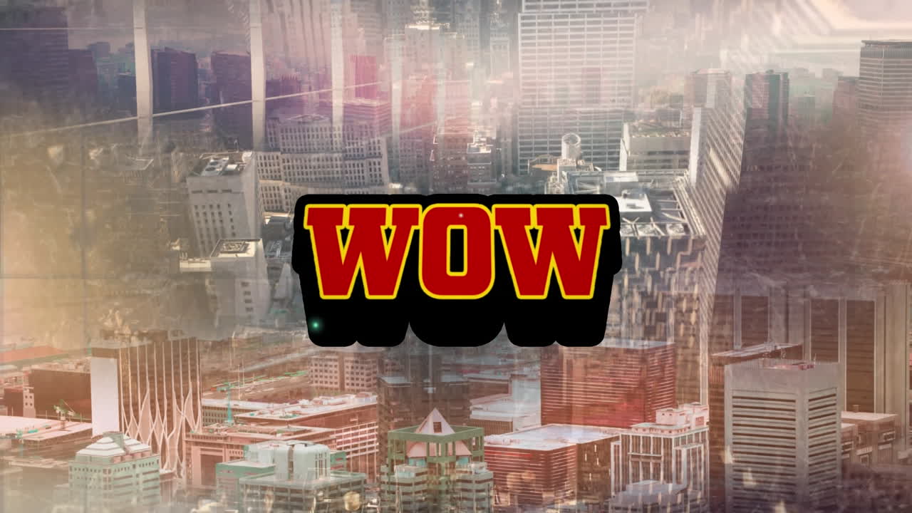 도시 풍경 위의 사각형 위의 와우 텍스트의 애니메이션