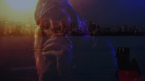 musician holding microphone over urban harbor at night, music industry using double exposure kayak