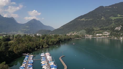 Aerial-view-of-beautiful-lakes-in-Europe-along-with-water-sports-and-fishing-boats-docked-at-the-shore