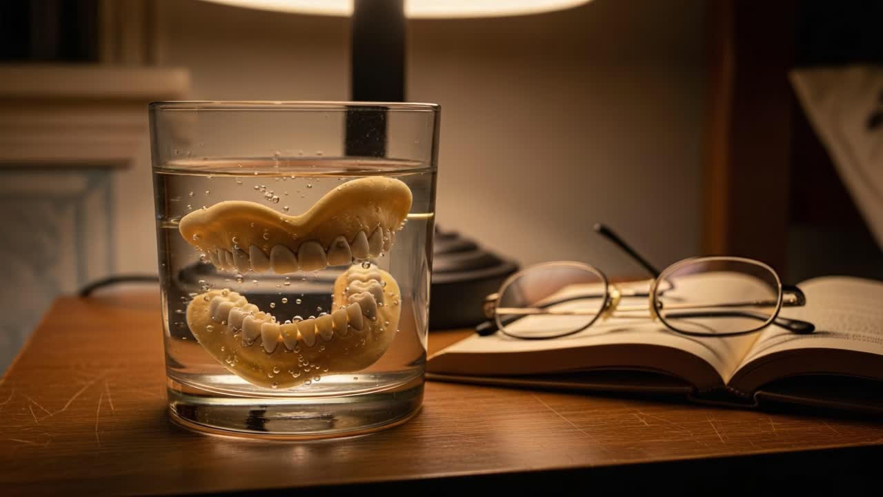 An amusing scene at night, showcasing an unusual glass with dentures submerged in water, resting beside a book and glasses, all illuminated by warm lamp light