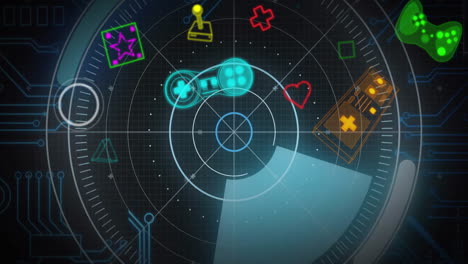 animación de iconos de juego sobre escaneo de alcance en fondo negro