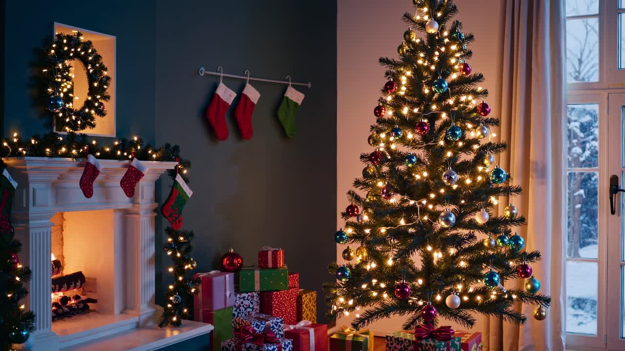 Cozy Christmas living room with a decorated tree and fireplace, shot from a wide-angle