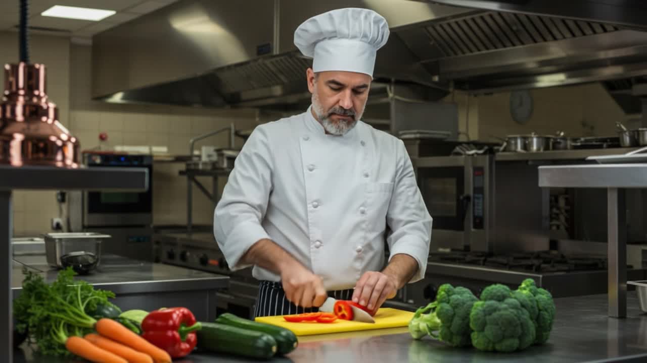 A Chef Expertly Prepares Fresh Vegetables in a Modern Kitchen, Demonstrating Culinary Skills and Attention to Detail While Cutting Bell Peppers and Broccoli