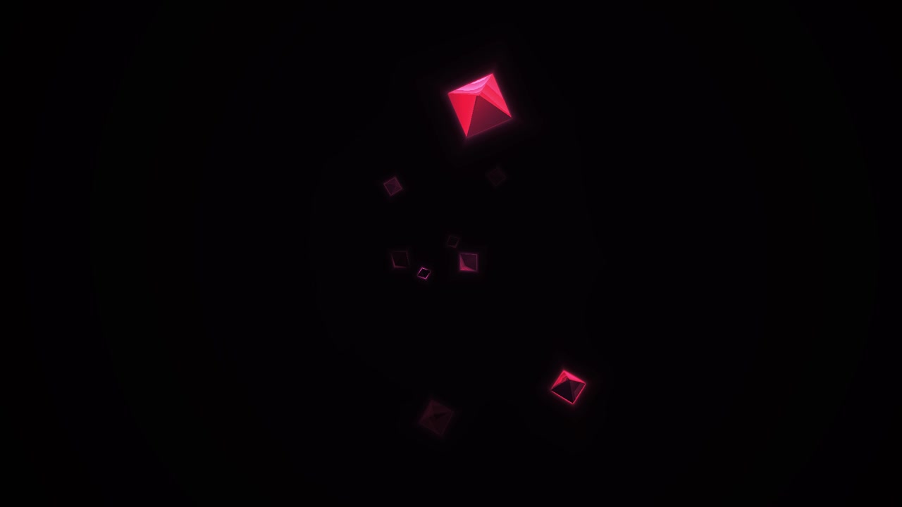 Abstrakt animation af glødende lyserøde geometriske pyramider svævende i mørkt rum