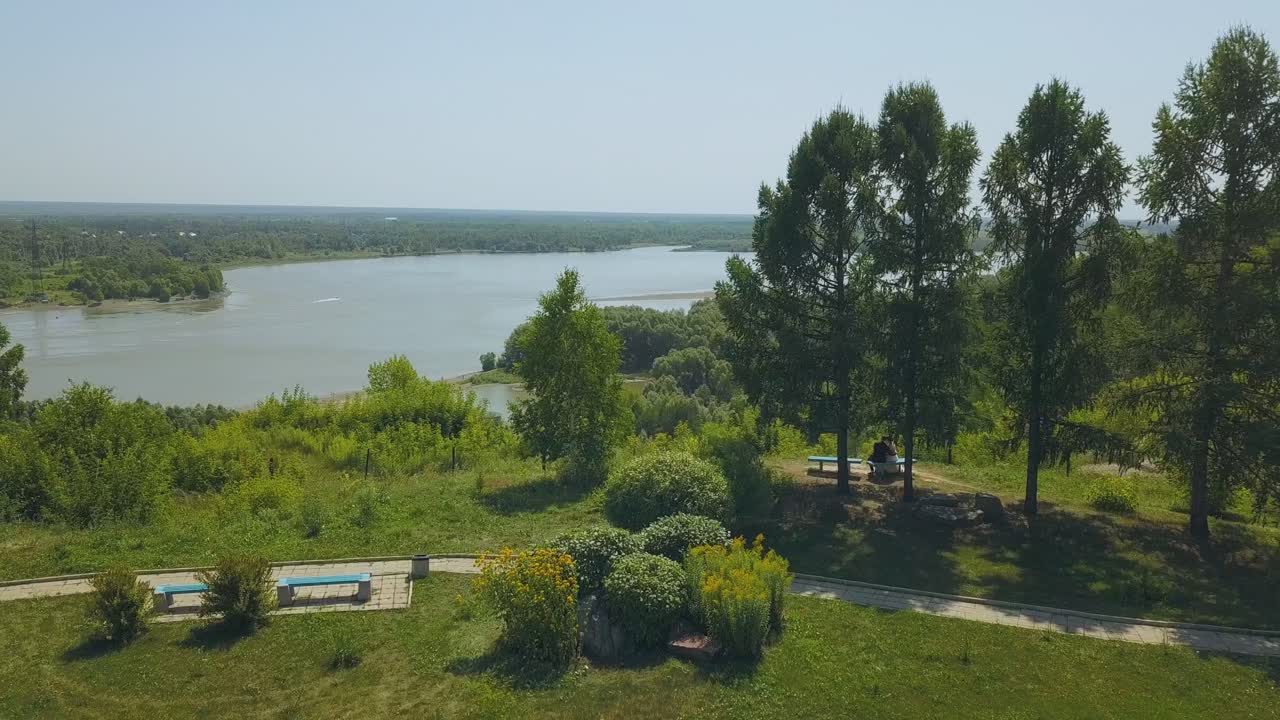 молодожены сидят на скамейке за деревьями в парке с верхним видом