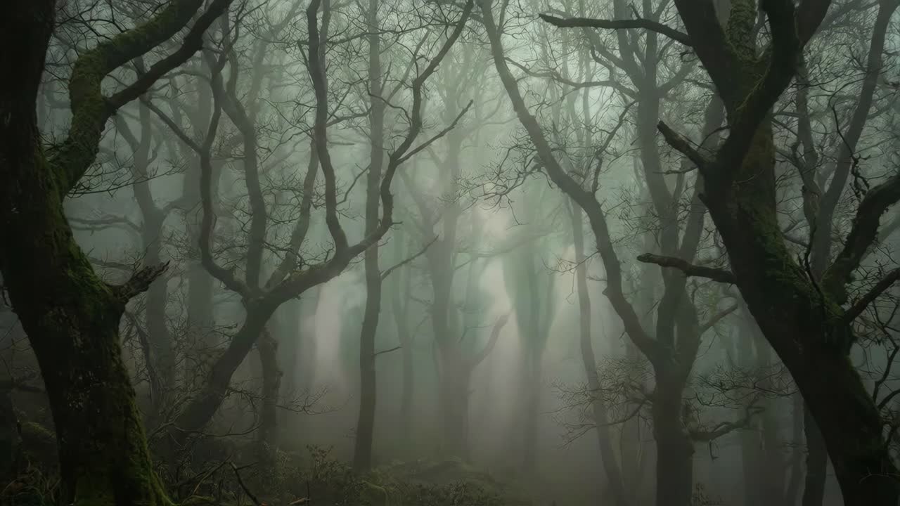 Misty Forest with Sunlight Streaming Through Trees