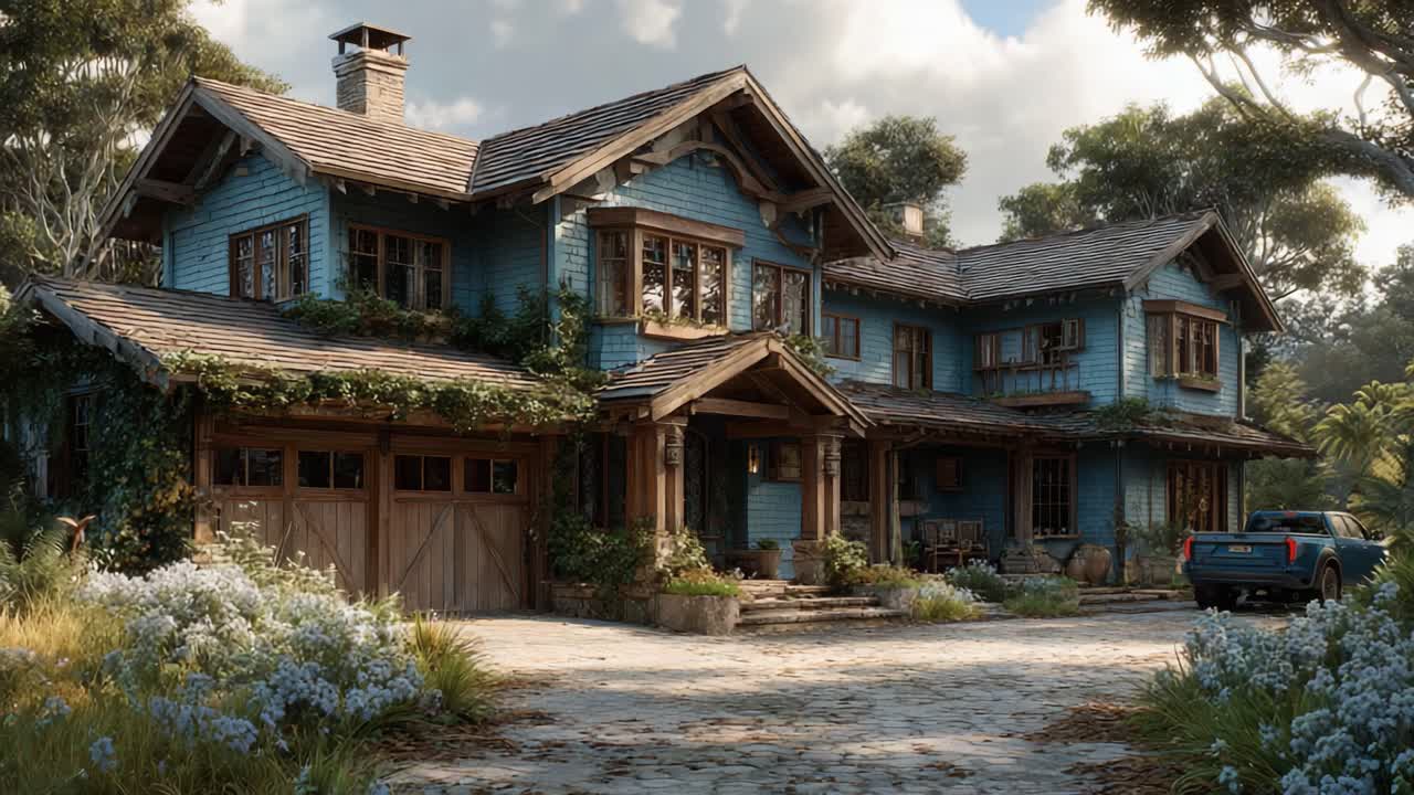 Et smukt rustikt blåt hus omgivet af frodigt grønt og blomstrende planter, der viser sin unikke arkitektur og indbydende atmosfære i et fredfyldt miljø