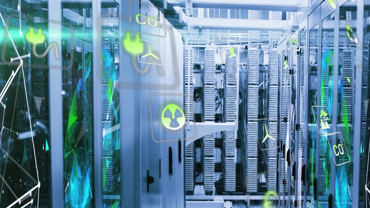 Camera panning data center aisle, holographic energy and CO2 glyphs mapping metrics across racks